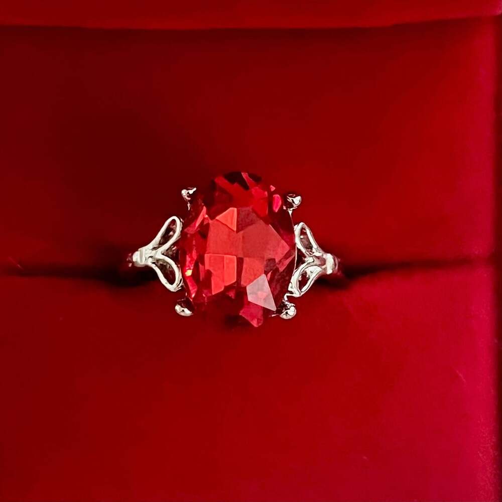 Vintage Oval Red Ruby Glass Stone Titanium Steel Silver Ring Size 8